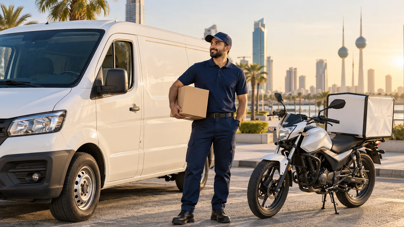 AI illustration of a consumer-delivery team with a van and motorcycle